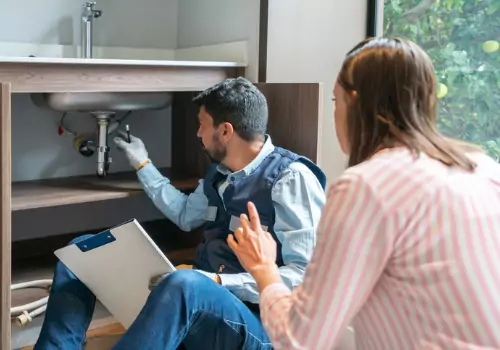 A plumber is working under the sink